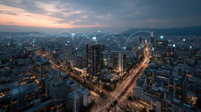 Smart city concept connected icons over urban landscape 5g network traffic management energy efficiency public safety digital infrastructure innovation smart urban 