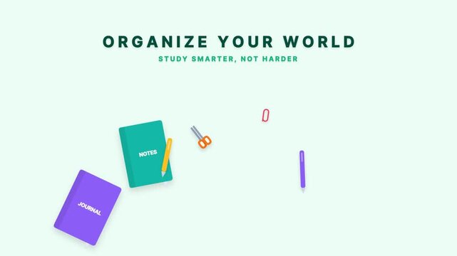Organize your world with school supplies and stationery flat lay animation