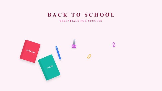 Back to school supplies with colorful notebooks and stationery items animation