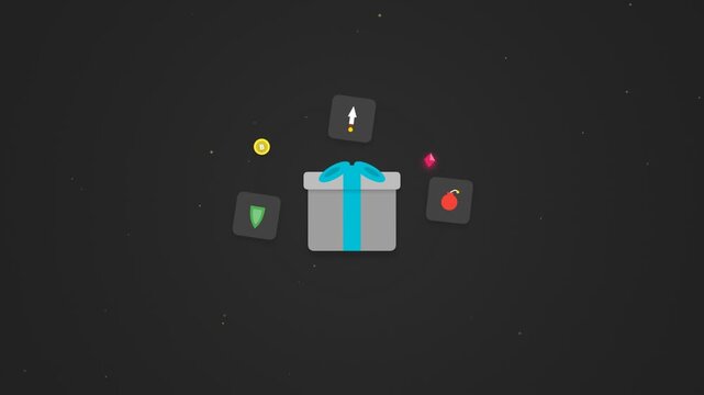 Gift box with floating game icons representing digital rewards and loot boxes