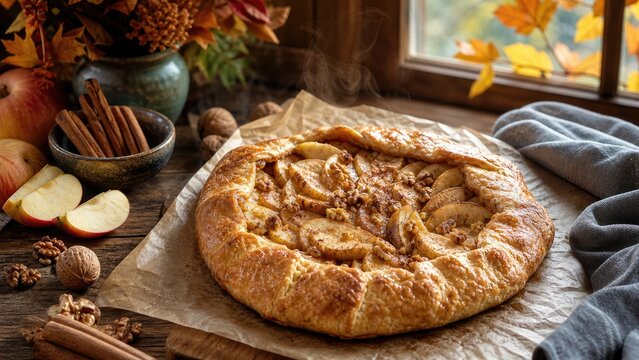 Steaming rustic apple galette on parchment with cinnamon, walnuts and autumn window light creating a cozy fall baking scene