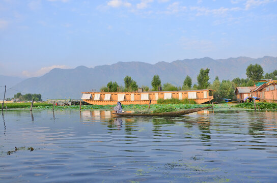 Kashmir with Dal freshwater lake in the city of Srinagar with Houseboats and shikaras on the lake, India