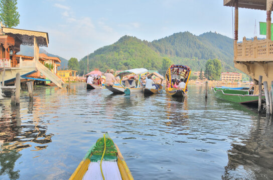 Kashmir with Dal freshwater lake in the city of Srinagar with Houseboats and shikaras on the lake, India