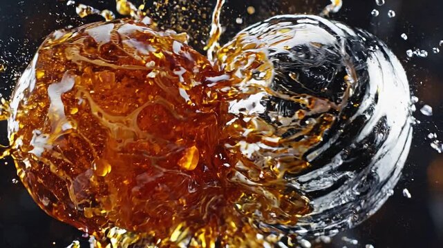 Two spheres collide, one filled with amber liquid and the other with clear liquid, creating a splash effect with droplets and bubbles in a dark background setting