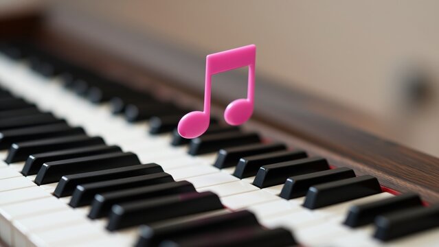 Close-up of a piano keyboard with a pink musical note icon, illustrating music, melody, and musical composition for creative and educational purposes