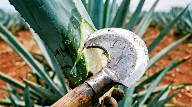Agricultural Worker Cutting an Aloe Vera Plant With a Machete
