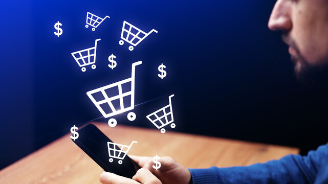 Online shopping experience with shopping carts and dollar signs on a smartphone