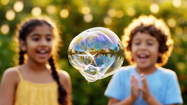 Two children, a girl and a boy, joyfully interact with colorful soap bubbles in a lush garden during golden hour, capturing the essence of carefree childhood moments
