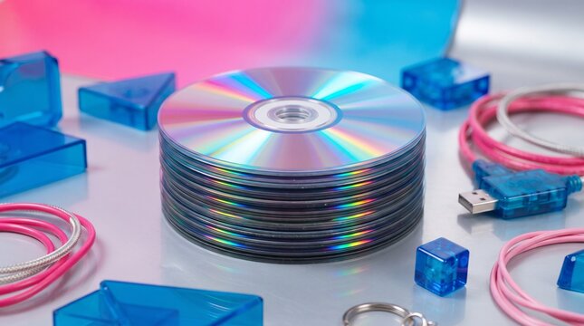 Retro compact disc stack with iridescent surface, Y2K aesthetic tech accessories, blue geometric shapes and pink cables isolated PNG with Transparent Background