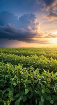 A vast field of green soybeans stretches toward the horizon under a dramatic evening sky filled with heavy, glowing storm clouds at dusk, intense, blue, countryside