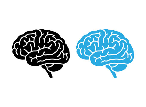 Human brain icon set in black and blue, vector illustration for neurology, psychology, and mental health concepts.