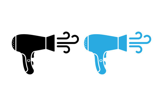 Hair dryer icon set with blowing air effect, beauty salon equipment vector illustration for styling and grooming