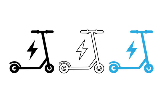 Electric scooter icon set with lightning bolt symbol, modern urban transportation vector for eco friendly travel