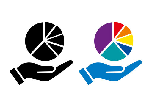 Hand holding a pie chart icon set, professional business data analysis vector illustration for corporate reporting