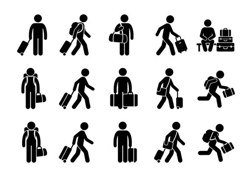 Collection of traveler stick figure icons carrying luggage, rolling suitcases, and walking to the airport terminal.