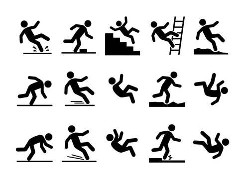 Set of accident and hazard stick figure icons depicting slipping on wet floor, tripping, and falling down stairs.