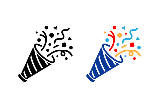 Festive party popper icon with exploding colorful confetti ribbons for celebration, birthday, and new year events.