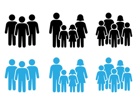 Vector stick figure family and group icon set depicting parents with children, community, and social team unity.