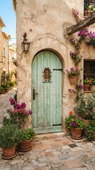 Fototapeta premium Charming Mediterranean Style Doorway with Floral Decor.