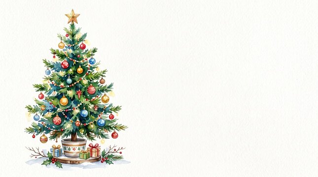 Watercolor Decorated Christmas Tree with Gift Boxes and Toy Train Left Aligned with Copy Space