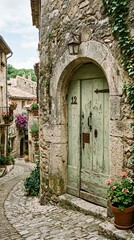 Naklejka premium Charming Vintage Green Wooden Door in Historic Village Scene.