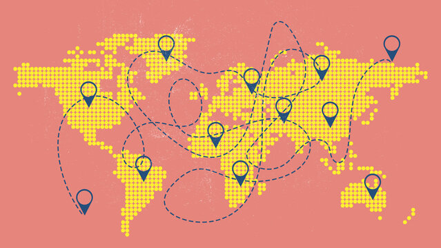 Travel map showing various destinations around the world with paths connecting different locations