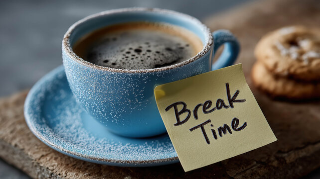 Ceramic coffee cup with dark brew and sticky note rests on a wooden surface
