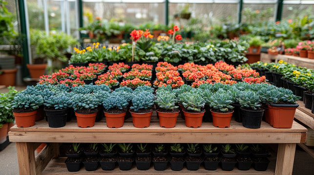 Greenhouse plant display with rows of succulent plants in terracotta and black pots on wooden shelves, variety of green and orange foliage.