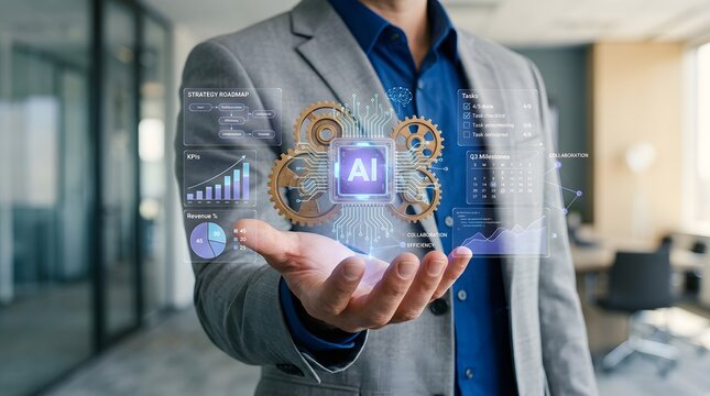 Artificial intelligence concept with gears and data visualization held in a hand