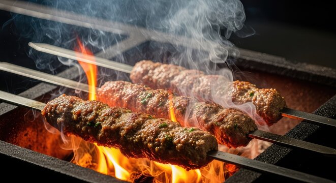 Sizzling minced shish kebab skewers cooking over open fire grill with glowing coals and rising smoke for a tasty traditional oriental meal, wood, flame, hot