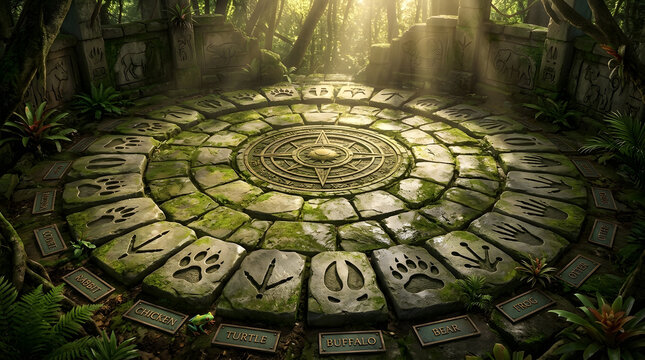 Ancient Stone Circle with Animal Track Carvings in Tropical Jungle Ruins