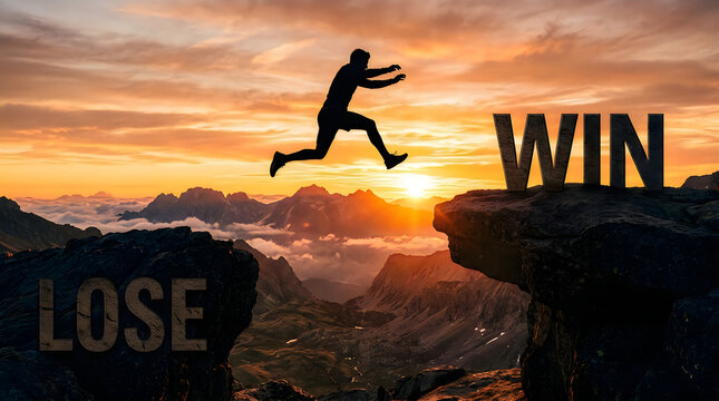 Person jumping between win and lose rocks at sunset