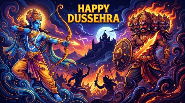 War of Lord Rama and Ravana Happy Dussehra, Navratri and Durga Puja festival of India