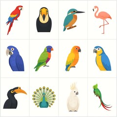 Naklejka premium Set of colorful tropical birds including parrots toucans and a peacock in a flat vector illustration style