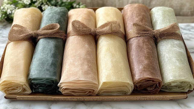 Assortment of Pastel Colored Fruit Leather Rolls with Glitter Bows in a Tray