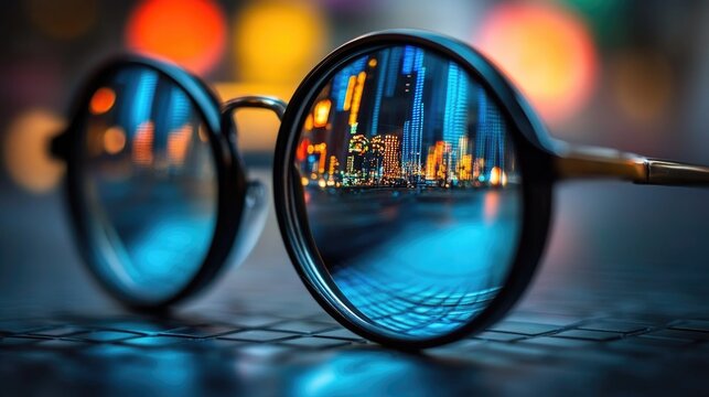 Cityscape Reflection in Glasses: Night City Lights Through Eyewear, Urban Bokeh Background, Modern Vision Concept