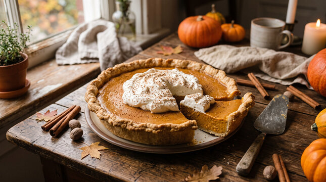 Classic pumpkin pie slice topped with fresh whipped cream Homemade autumn pumpkin pie with fresh whipped cream topping