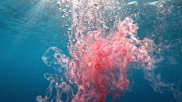 Red and white capsule dissolving underwater, releasing pink liquid into the blue water, surrounded by bubbles and light rays filtering through the surface