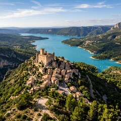 Naklejka premium Aerial view of ancient village and castle on a hill overlooking turquoise lake in Provence France