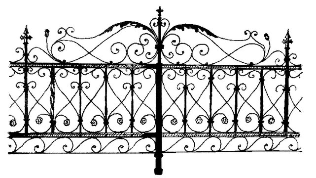 Historic Art Nouveau wrought iron grave enclosure fence with ornate crown ornament