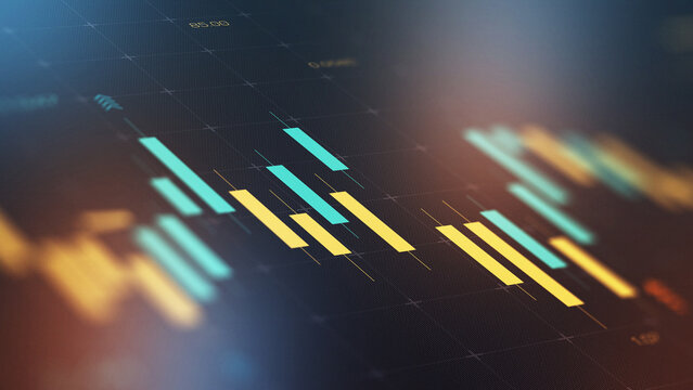Business chart showing stock exchange trading with various colored bars on a dark background