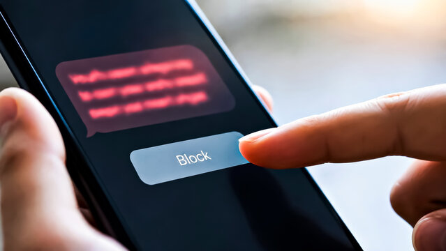 Finger Pressing a &ldquo;Block&rdquo; Button next to  Blurred Aggressive Message