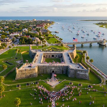 Aerial view of Castillo de San Marcos St Augustine Florida with boats on the water and people celebrating