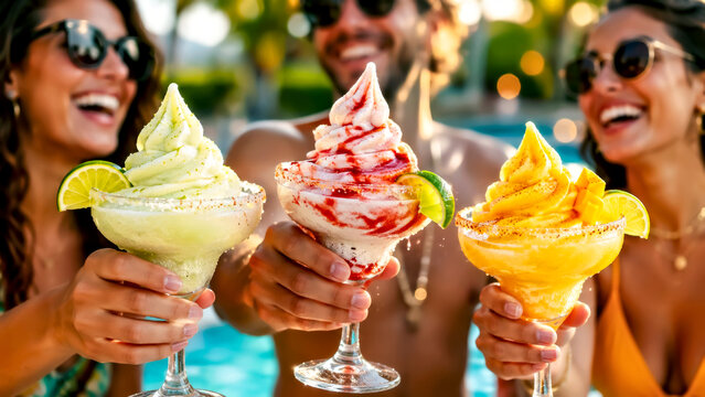 Close Up of Friends Toasting Colorful Soft Serve Margaritas in Lime, Strawberry and Mango Flavors