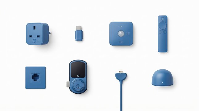 Blue usb flash drives, cables, and accessories arranged on white background