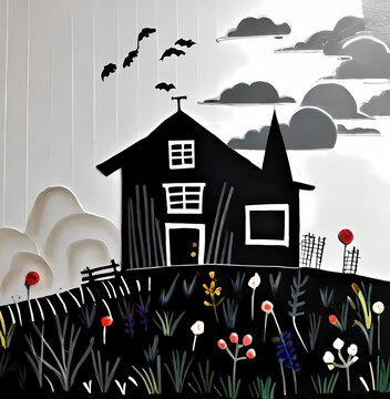 Spooky Halloween Haunted House Silhouette on Night Meadow Hill with Flying Bats and Wildflowers Illustration