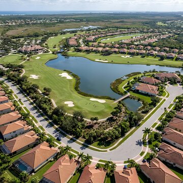 Aerial View of Luxury Golf Course Community with Lake and Homes