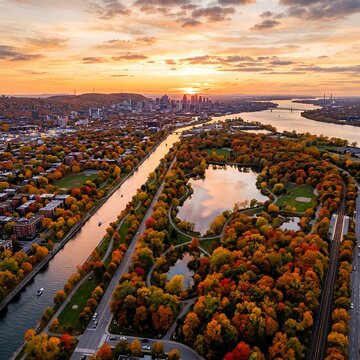 Aerial View of Montreal Cityscape and Canal During Autumn Sunset