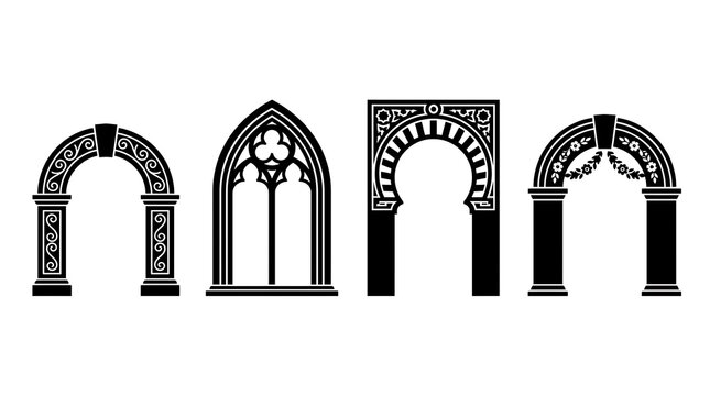 Black gothic architectural arch and window silhouettes.