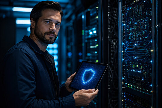 Cybersecurity professional monitoring secure server infrastructure and digital systems inside a modern data center